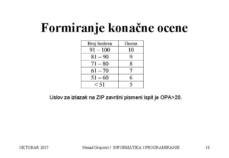 Formiranje konačne ocene Uslov za izlazak na ZIP završni pismeni ispit je OPA>20. OKTOBAR