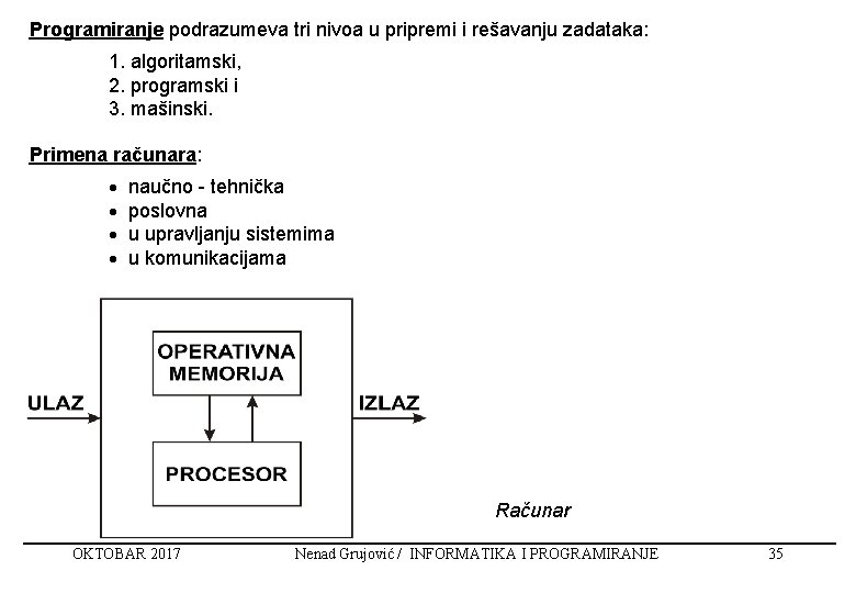 Programiranje podrazumeva tri nivoa u pripremi i rešavanju zadataka: 1. algoritamski, 2. programski i