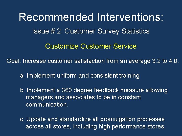 Recommended Interventions: Issue # 2: Customer Survey Statistics Customize Customer Service Goal: Increase customer Recommended Interventions: Issue # 2: Customer Survey Statistics Customize Customer Service Goal: Increase customer