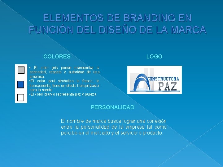 ELEMENTOS DE BRANDING EN FUNCIÓN DEL DISEÑO DE LA MARCA COLORES LOGO • El