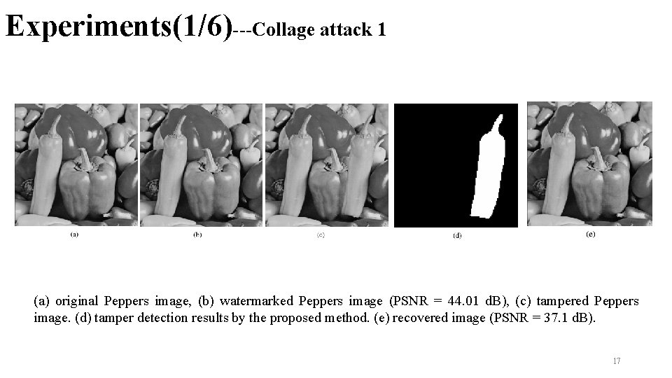 Experiments(1/6)---Collage attack 1 (a) original Peppers image, (b) watermarked Peppers image (PSNR = 44.