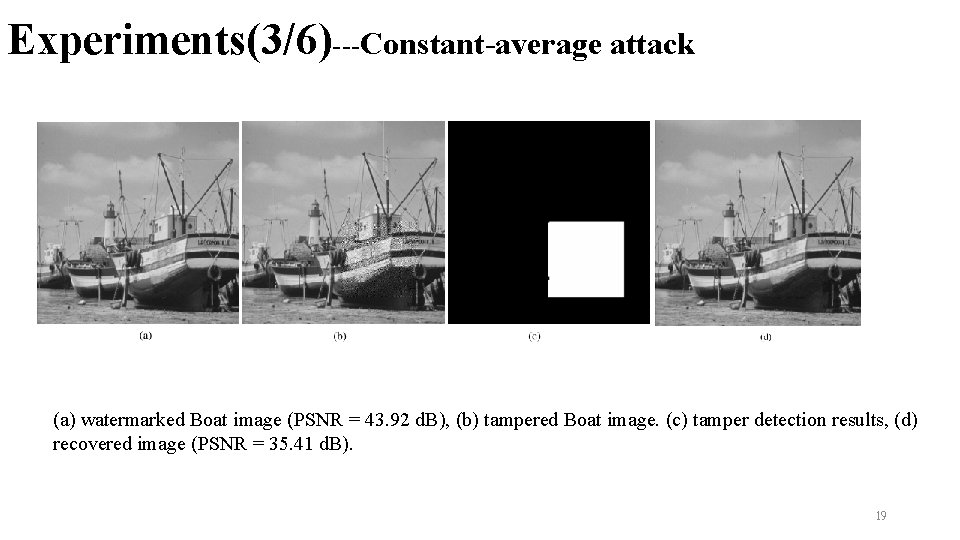 Experiments(3/6)---Constant-average attack (a) watermarked Boat image (PSNR = 43. 92 d. B), (b) tampered