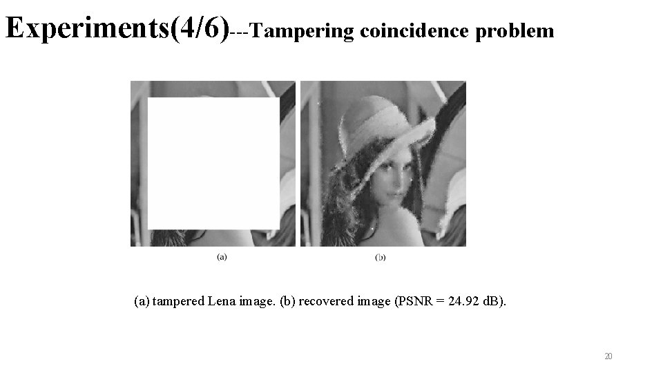 Experiments(4/6)---Tampering coincidence problem (a) tampered Lena image. (b) recovered image (PSNR = 24. 92