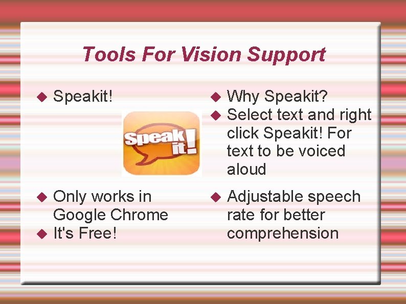 Tools For Vision Support Speakit! Why Speakit? Select text and right click Speakit! For