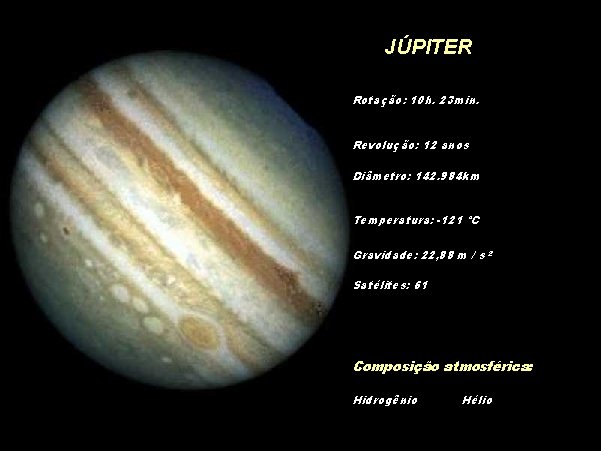 JÚPITER Rotação: 10 h. 23 min. Revolução: 12 anos Diâmetro: 142. 984 km Temperatura: