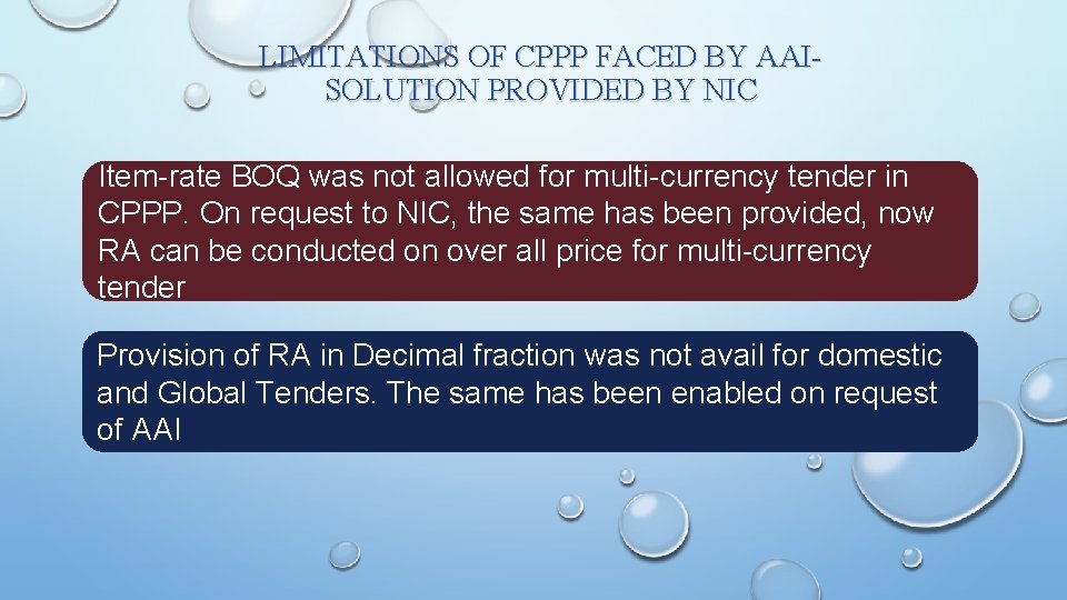 LIMITATIONS OF CPPP FACED BY AAISOLUTION PROVIDED BY NIC Item-rate BOQ was not allowed