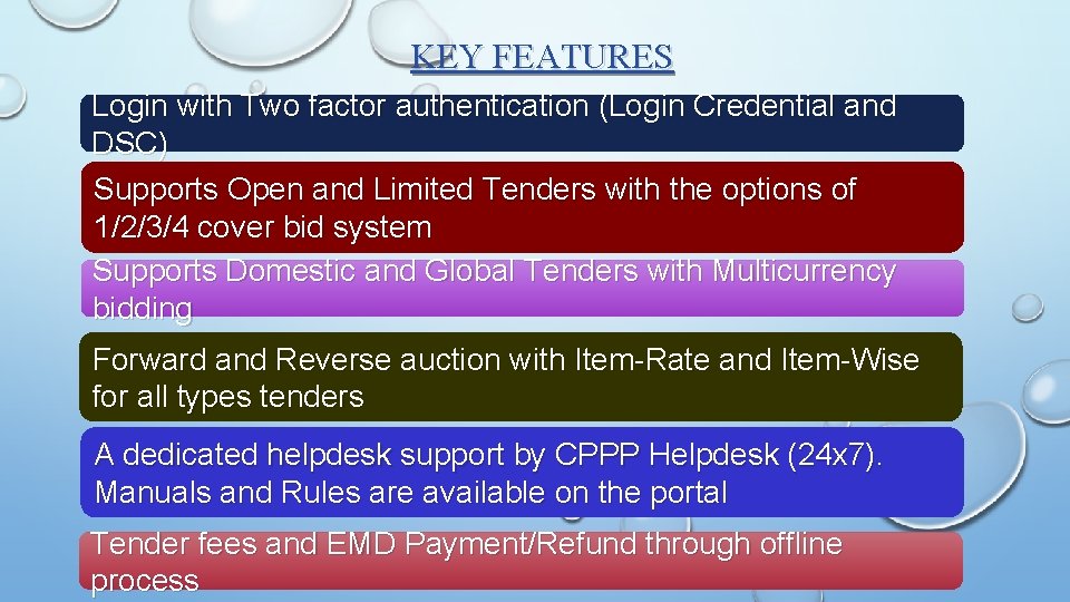 KEY FEATURES Login with Two factor authentication (Login Credential and DSC) Supports Open and