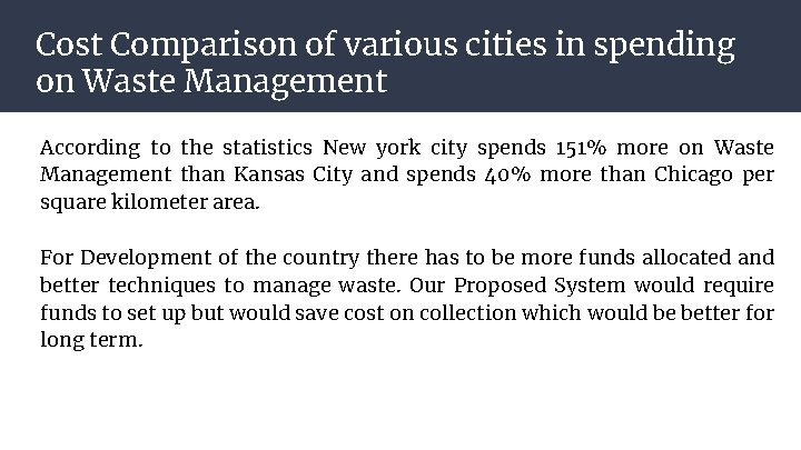 Cost Comparison of various cities in spending on Waste Management According to the statistics Cost Comparison of various cities in spending on Waste Management According to the statistics