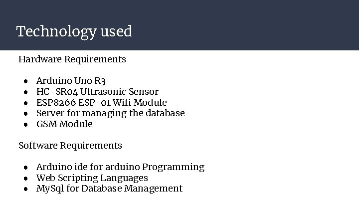 Technology used Hardware Requirements ● ● ● Arduino Uno R 3 HC-SR 04 Ultrasonic Technology used Hardware Requirements ● ● ● Arduino Uno R 3 HC-SR 04 Ultrasonic
