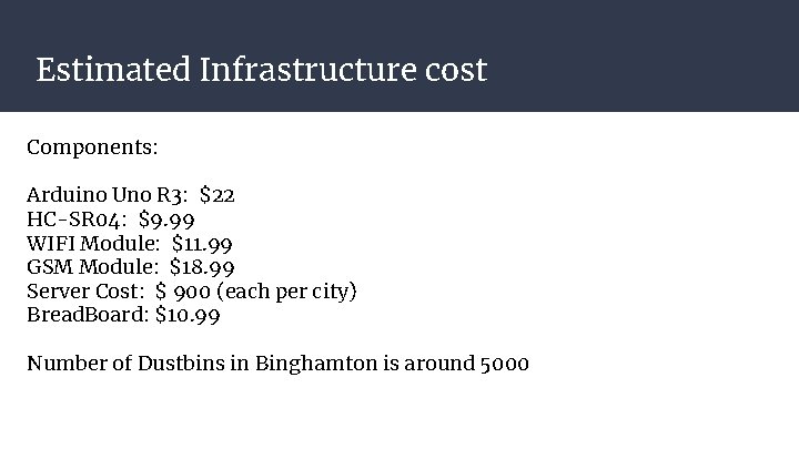Estimated Infrastructure cost Components: Arduino Uno R 3: $22 HC-SR 04: $9. 99 WIFI Estimated Infrastructure cost Components: Arduino Uno R 3: $22 HC-SR 04: $9. 99 WIFI