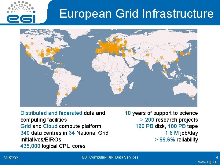 European Grid Infrastructure Distributed and federated data and computing facilities Grid and Cloud compute