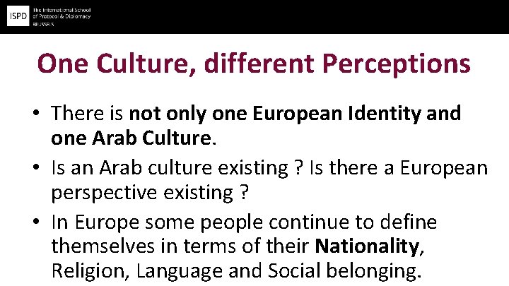 One Culture, different Perceptions • There is not only one European Identity and one