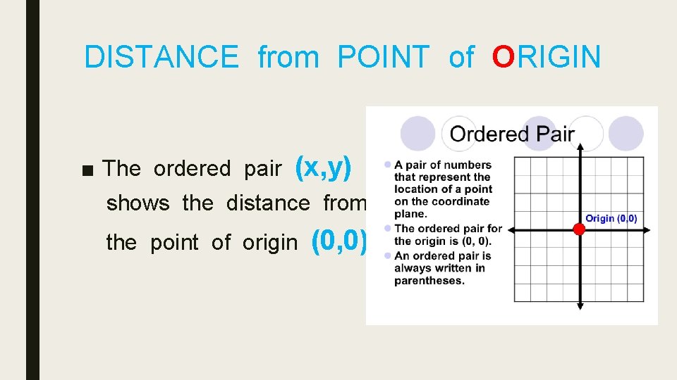 DISTANCE from POINT of ORIGIN ■ The ordered pair (x, y) shows the distance