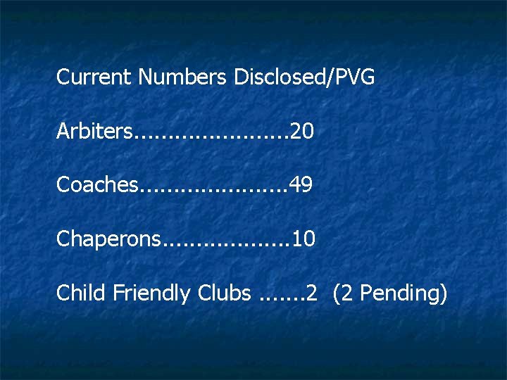 Current Numbers Disclosed/PVG Arbiters. . . 20 Coaches. . . . . 49 Chaperons.