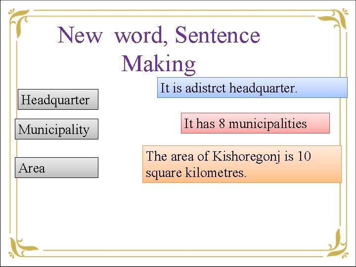 New word, Sentence Making Headquarter Municipality Area It is adistrct headquarter. It has 8