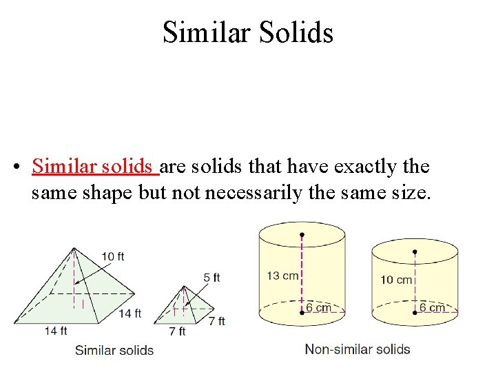 Similar Solids • Similar solids are solids that have exactly the same shape but