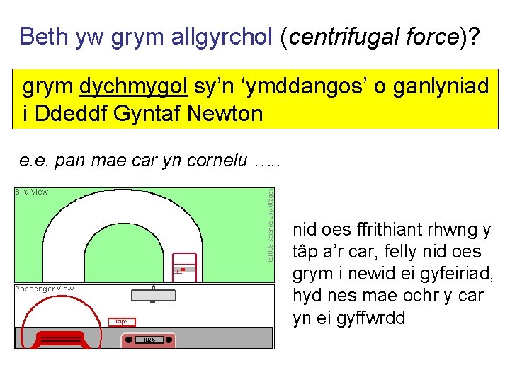 Beth yw grym allgyrchol (centrifugal force)? grym dychmygol sy’n ‘ymddangos’ o ganlyniad i Ddeddf