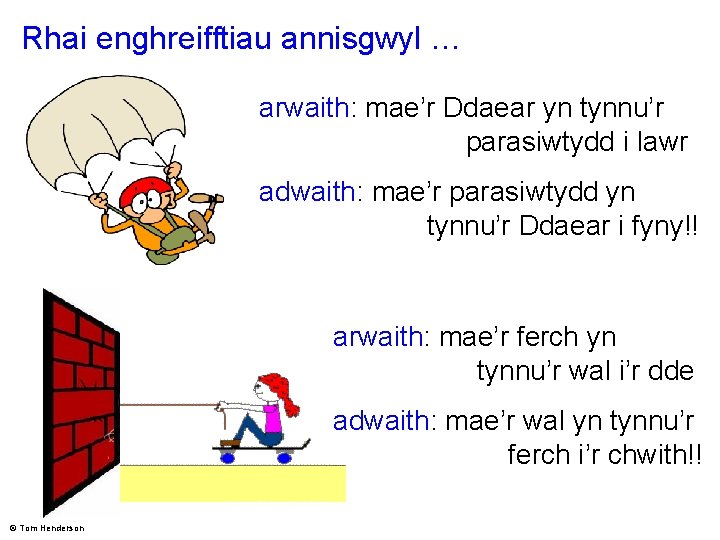 Rhai enghreifftiau annisgwyl … arwaith: mae’r Ddaear yn tynnu’r parasiwtydd i lawr adwaith: mae’r