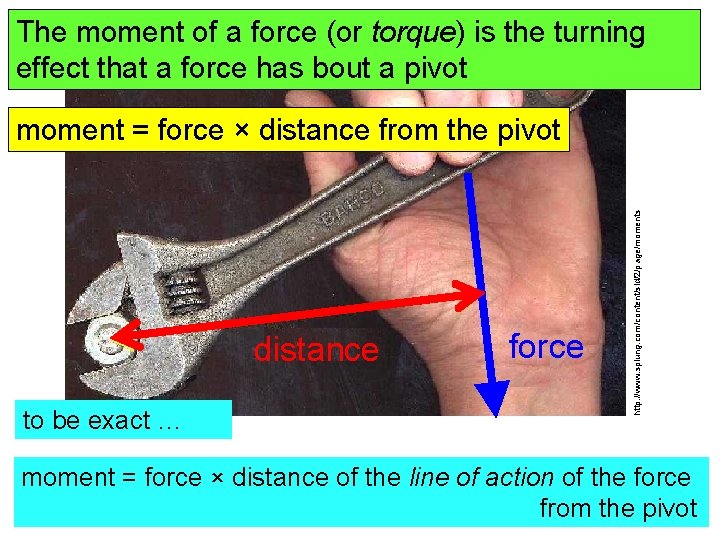 The moment of a force (or torque) is the turning effect that a force