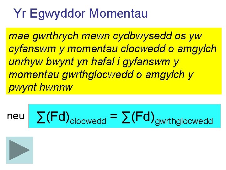Yr Egwyddor Momentau mae gwrthrych mewn cydbwysedd os yw cyfanswm y momentau clocwedd o
