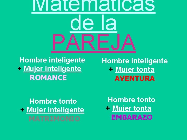 Matemáticas de la PAREJA Hombre inteligente + Mujer inteligente ROMANCE Hombre tonto + Mujer