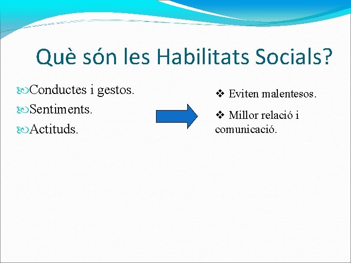 Què són les Habilitats Socials? Conductes i gestos. Sentiments. Actituds. Eviten malentesos. Millor relació