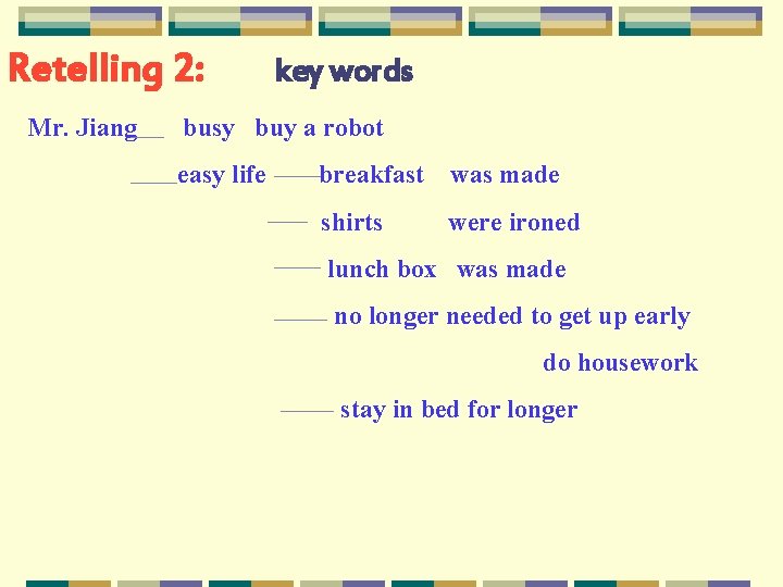 Retelling 2: Mr. Jiang key words busy buy a robot easy life breakfast was