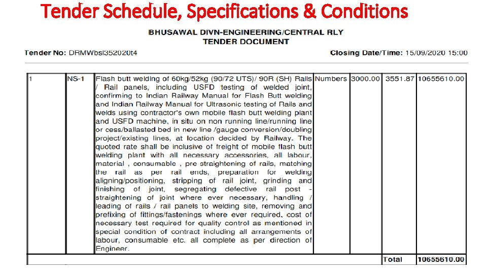 Tender Schedule, Specifications & Conditions 