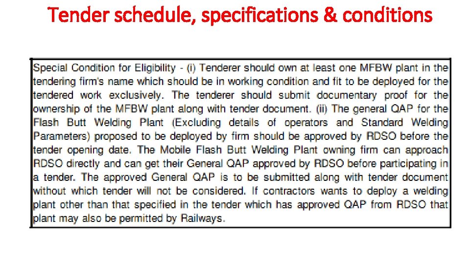Tender schedule, specifications & conditions 