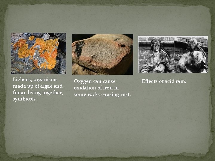 Lichens, organisms made up of algae and fungi living together, symbiosis. Oxygen cause oxidation