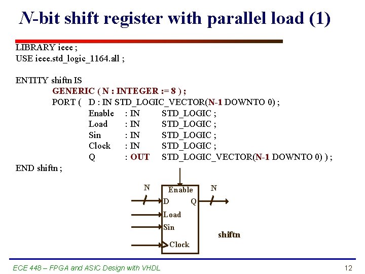 N-bit shift register with parallel load (1) LIBRARY ieee ; USE ieee. std_logic_1164. all