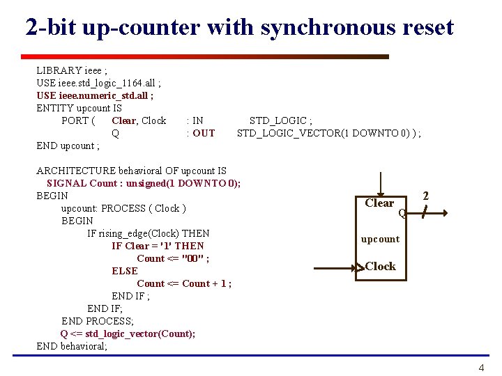 2 -bit up-counter with synchronous reset LIBRARY ieee ; USE ieee. std_logic_1164. all ;
