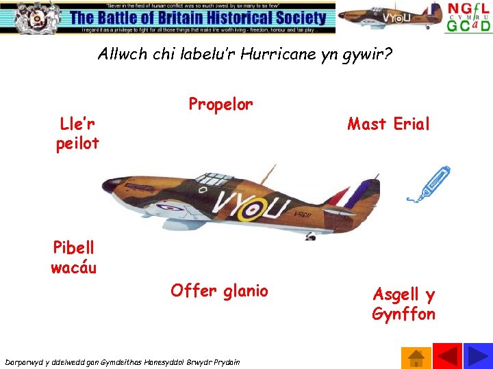 Allwch chi labelu’r Hurricane yn gywir? Lle’r peilot Propelor Mast Erial Pibell wacáu Offer