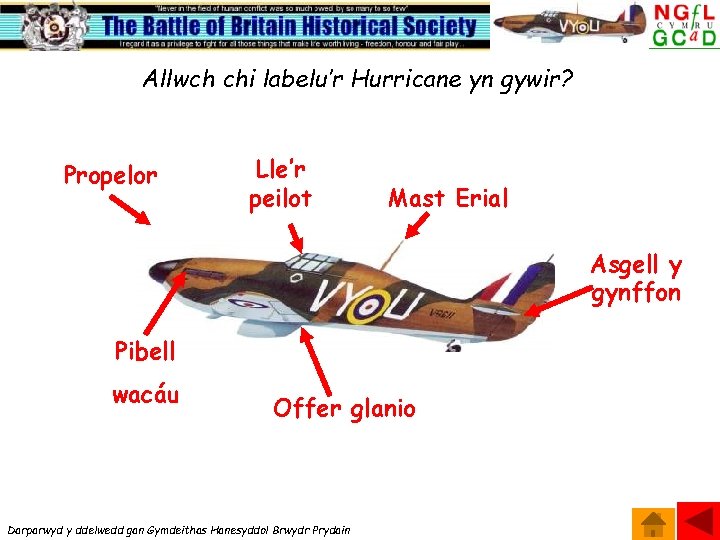 Allwch chi labelu’r Hurricane yn gywir? Propelor Lle’r peilot Mast Erial Asgell y gynffon