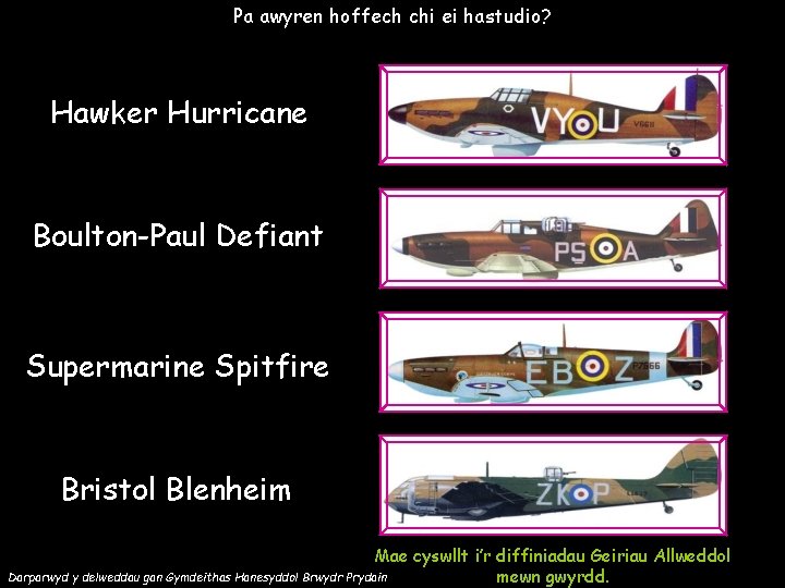 Pa awyren hoffech chi ei hastudio? Hawker Hurricane Boulton-Paul Defiant Supermarine Spitfire Bristol Blenheim