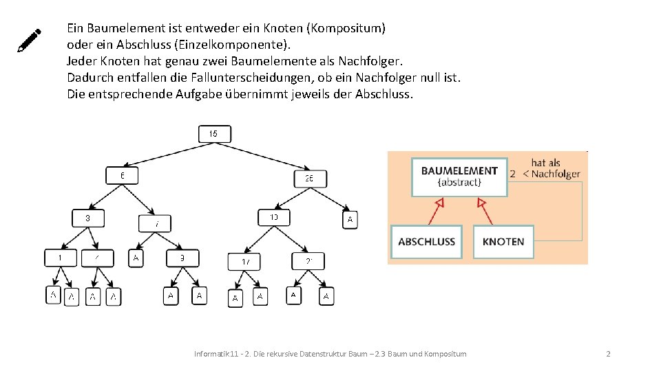 Ein Baumelement ist entweder ein Knoten (Kompositum) oder ein Abschluss (Einzelkomponente). Jeder Knoten hat