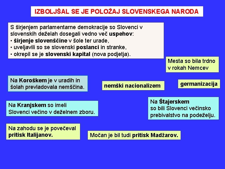 IZBOLJŠAL SE JE POLOŽAJ SLOVENSKEGA NARODA S širjenjem parlamentarne demokracije so Slovenci v slovenskih