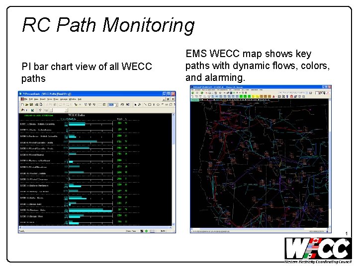 RC Path Monitoring PI bar chart view of all WECC paths EMS WECC map