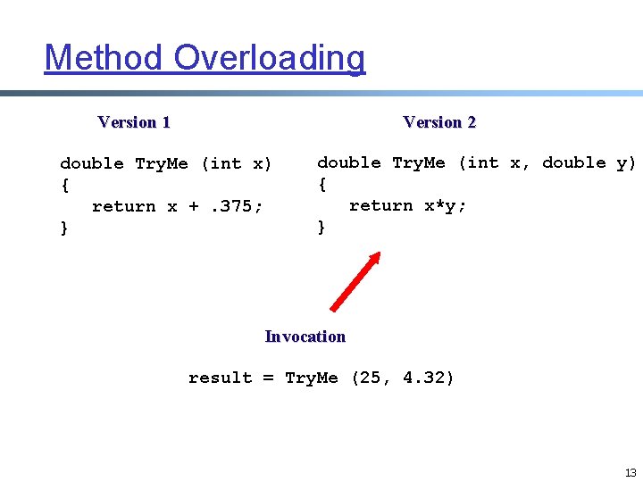 Method Overloading Version 1 Version 2 double Try. Me (int x) { return x Method Overloading Version 1 Version 2 double Try. Me (int x) { return x