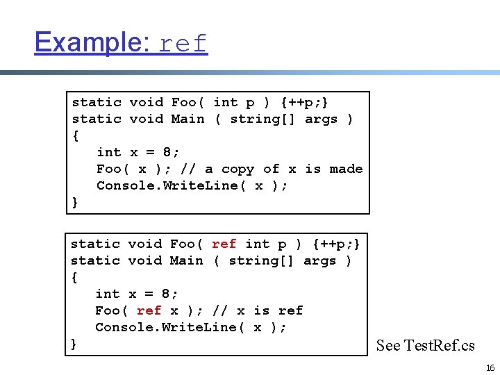 Example: ref static void Foo( int p ) {++p; } static void Main ( Example: ref static void Foo( int p ) {++p; } static void Main (