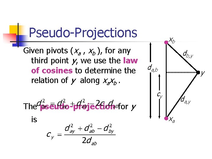 Pseudo-Projections Given pivots (xa , xb ), for any third point y, we use