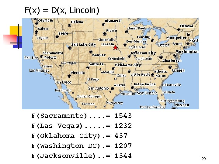 F(x) = D(x, Lincoln) F(Sacramento). . = F(Las Vegas). . . = F(Oklahoma City).