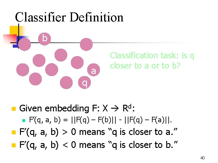 Classifier Definition b q n Given embedding F: X Rd: n n n a