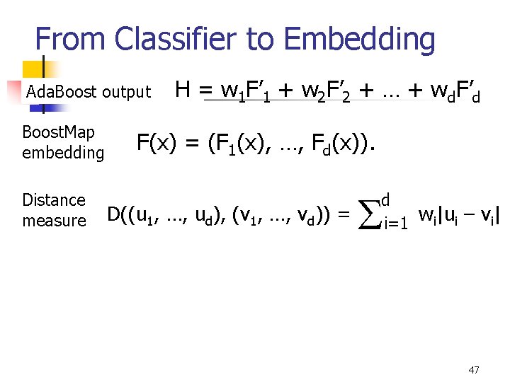 From Classifier to Embedding Ada. Boost output Boost. Map embedding Distance measure H =