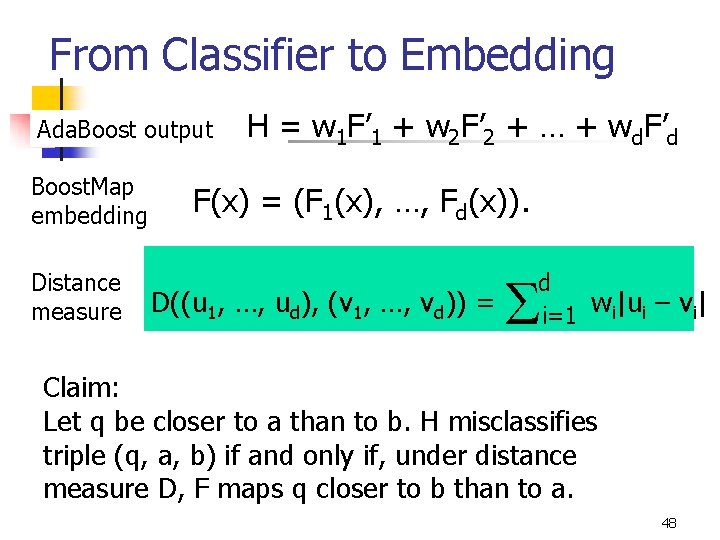 From Classifier to Embedding Ada. Boost output Boost. Map embedding Distance measure H =