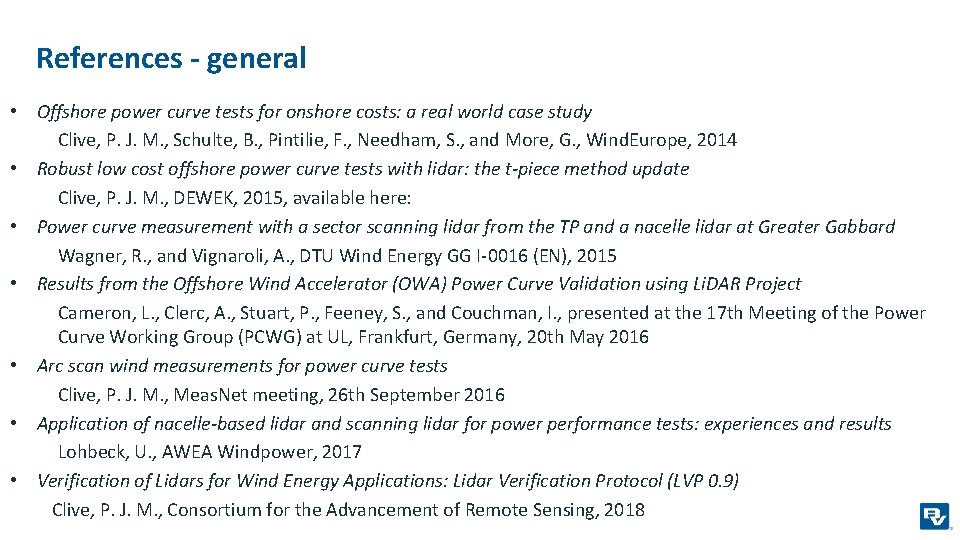 References - general • Offshore power curve tests for onshore costs: a real world