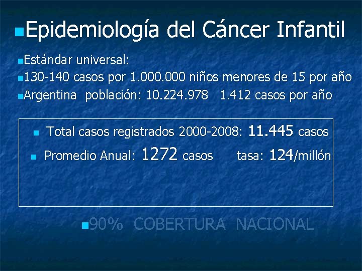 n. Epidemiología del Cáncer Infantil n. Estándar universal: n 130 -140 casos por 1.