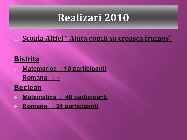 Realizari 2010 � Scoala Altfel “ Ajuta copiii sa creasca frumos” Bistrita v v