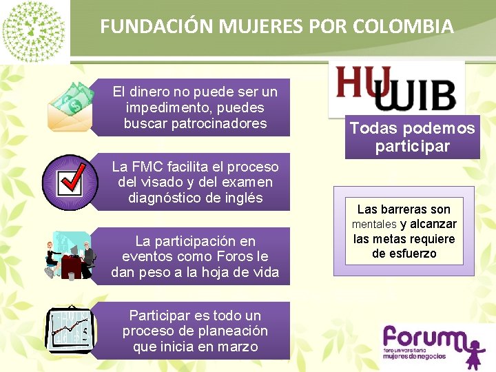 FUNDACIÓN MUJERES POR COLOMBIA El dinero no puede ser un impedimento, puedes buscar patrocinadores