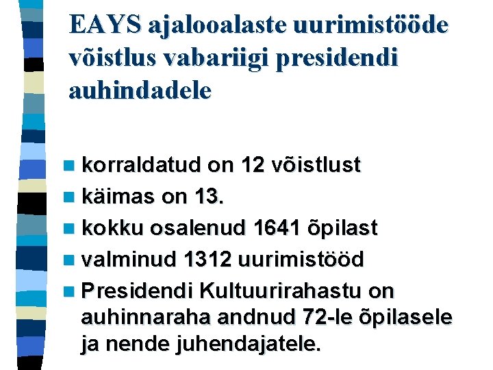 EAYS ajalooalaste uurimistööde võistlus vabariigi presidendi auhindadele n korraldatud on 12 võistlust n käimas